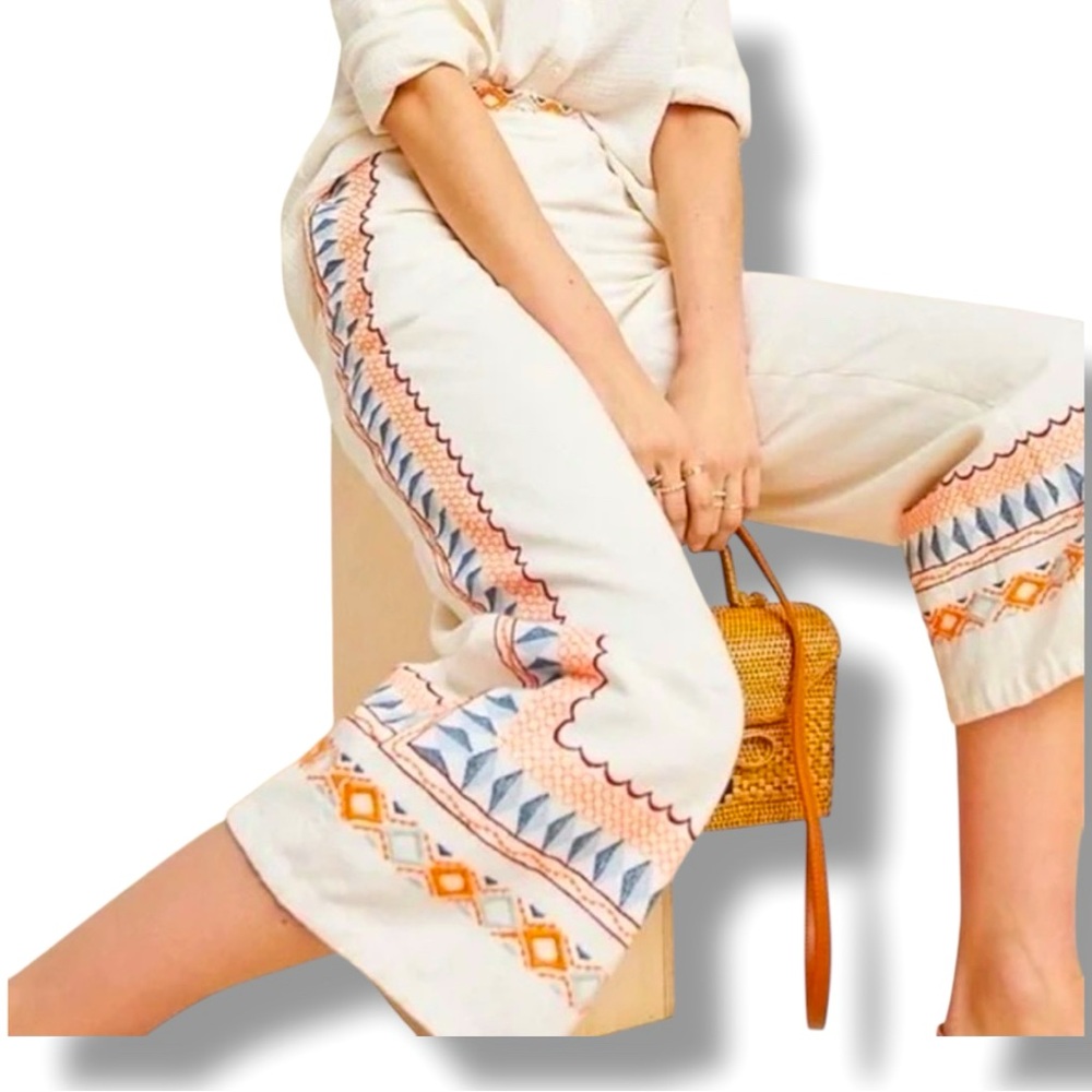Anthropologie Cream and Orange Embroidered Pants - Picture 3 of 10